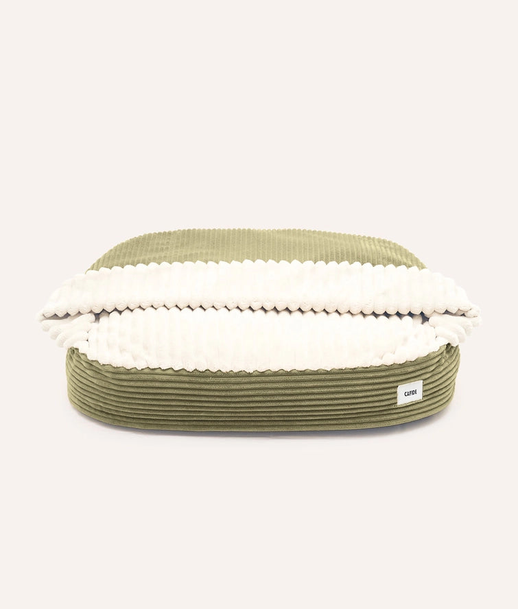CAFIDE Hundebett „Maso“ mit Kapuze – Chenille & Cord, waschbar, nachhaltig