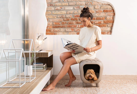Designerbank und Katzenhütte & Hundehütte mit zweifarbigem Innenkissen - Taupe